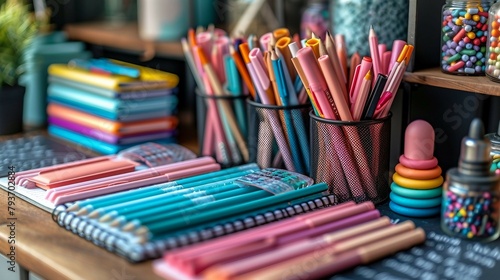 Colorful school supplies neatly organized on a desk. AI generate illustration