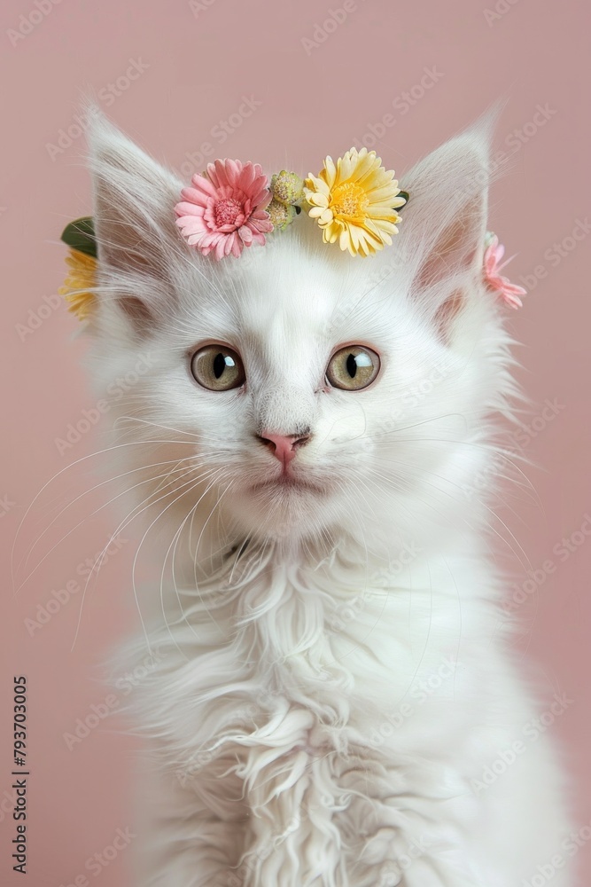 A pure white long-haired kitten with striking eyes crowned with delicate spring flowers