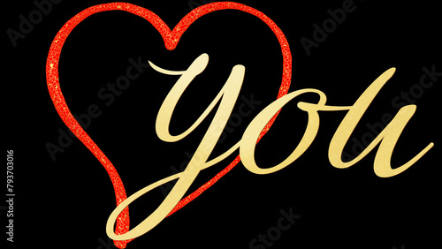 red golden heart with gold “you” lettering, 3D rendering