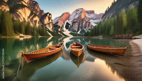 "Tranquil Waters: Boats Grace Braies Lake Amidst Mountains" 