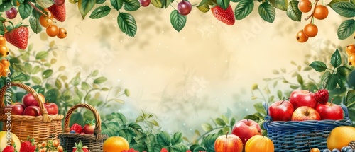 Summer fruit picking sales design, border of orchards and fruit baskets, fresh pick colors, pick the discounts copy space