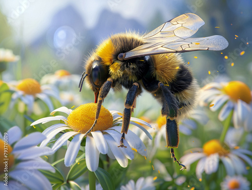 Realistic 3D vector of a bumblebee pollinating a daisy, detailed fur and wings, busy spring activity photo