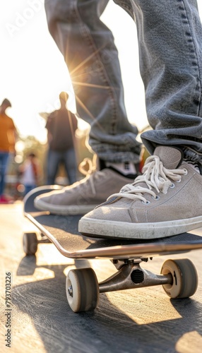 Teenager s foot on skateboard with blurred street crowd background, urban lifestyle scene photo