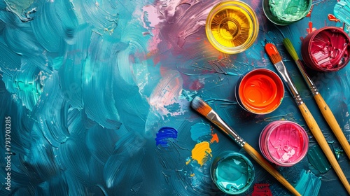 Fototapeta Naklejka Na Ścianę i Meble -  Summer art and wine night sales ad, border of paintbrushes and wine glasses, creative sips colors, paint and sip deals copy space