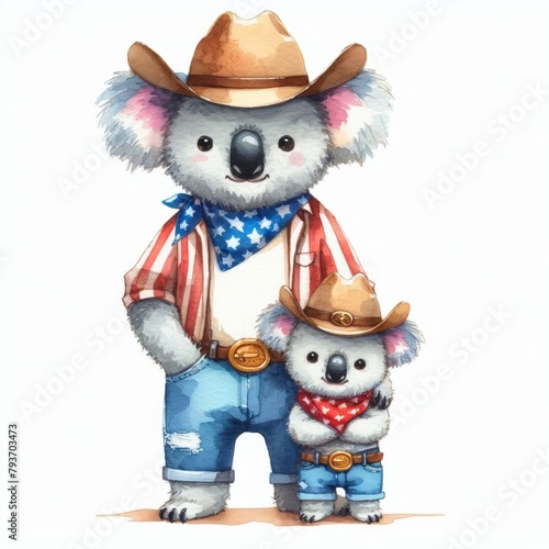 Koalas Father and Son. Patriotic with American Flag. Watercolor 4th July Memorial Day Clip Art. Celebration USA (United State) Art Cute Kid Cartoon For Independence Day or Father Day photo