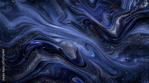 An abstract, luxurious seascape, where deep indigo blue swirls interlace with glimmering platinum powder, evoking the depth and mystery of the ocean.