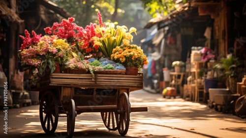 A wooden cart overflowing with a vibrant array of colorful flowers blooming under the sunlight © Muhammad
