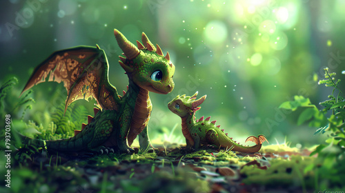 Small cute dragon baby with his mother or father a fan