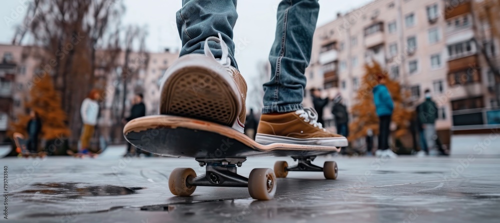 Teenager s foot on skateboard against blurred background of street crowd, close up shot Teenager s foot on skateboard against blurred background of street crowd, close up shot