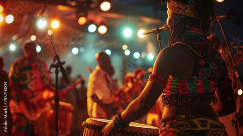 A group of African musicians standing in front of a stage, with the instruments and rhythms of their music capturing the spirit of African Liberation Day. photo