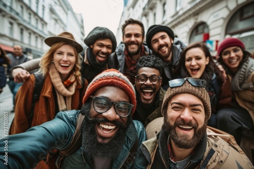 Multiethnic group of friends taking a selfie on the street.