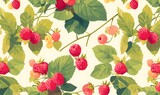 Raspberry and green leaves pattern, Generative AI 
