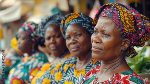 A group of African women standing in front of a market, with the vibrant colors and sounds of the market capturing the spirit of African Liberation Day.