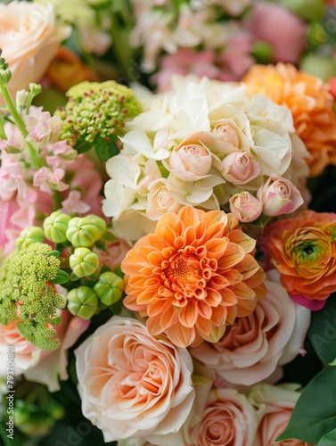 Close up of bridal bouquet flower bouquets at the florist shop flowers in white orose tones photo