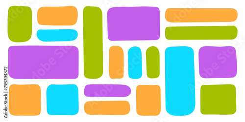 Graphic hand drawn frames, plain backgrounds for texts, backdrop stickers and colorful labels. Vector illustration, design element set.