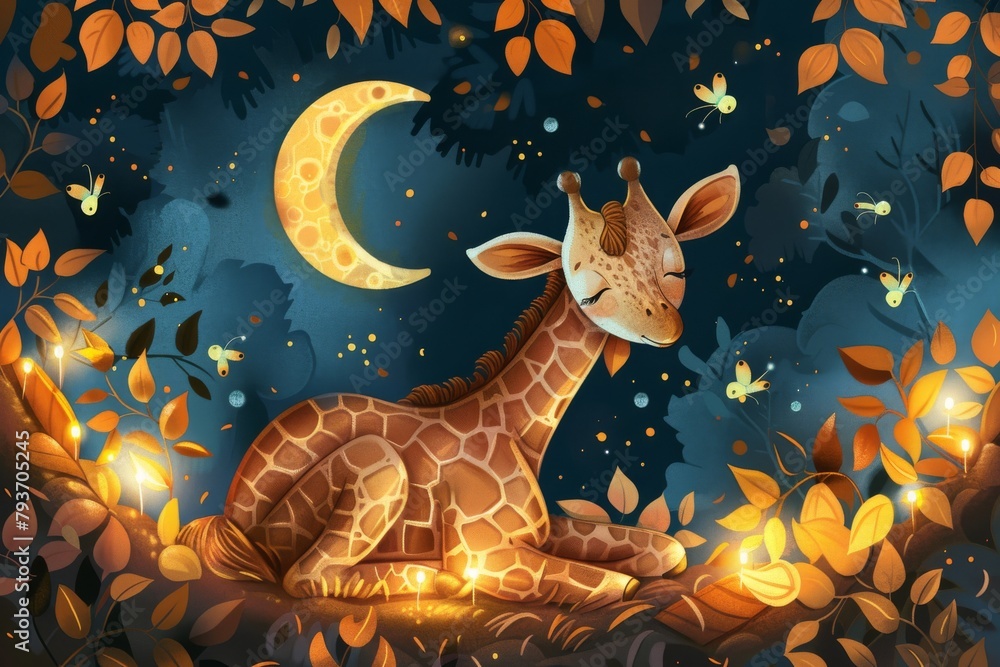 Naklejka premium Adorable illustration of a baby giraffe snuggled up in a bed of leaves, surrounded by fireflies and a crescent moon