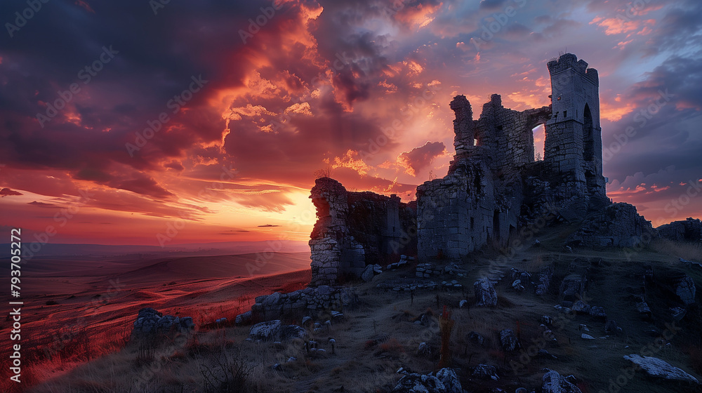 A ruined castle on a hilltop at sunset