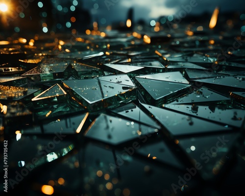 Broken mirror pieces scattered on a dark background, conveying a sense of drama and mystery, suitable for themes of misfortune or suspense photo