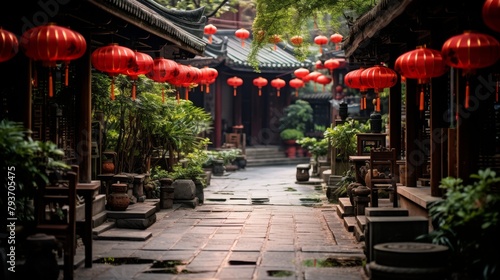 A serene walkway adorned with vibrant red lanterns hanging overhead © Muhammad