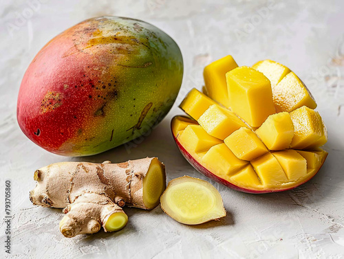 photo of a ripe mango and a slice of ginger on a light background.