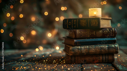 Stack of antique books on old wooden table. 