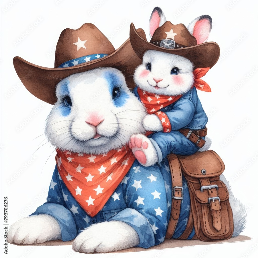 Rabbit Father and Son. Patriotic with American Flag. Watercolor 4th ...