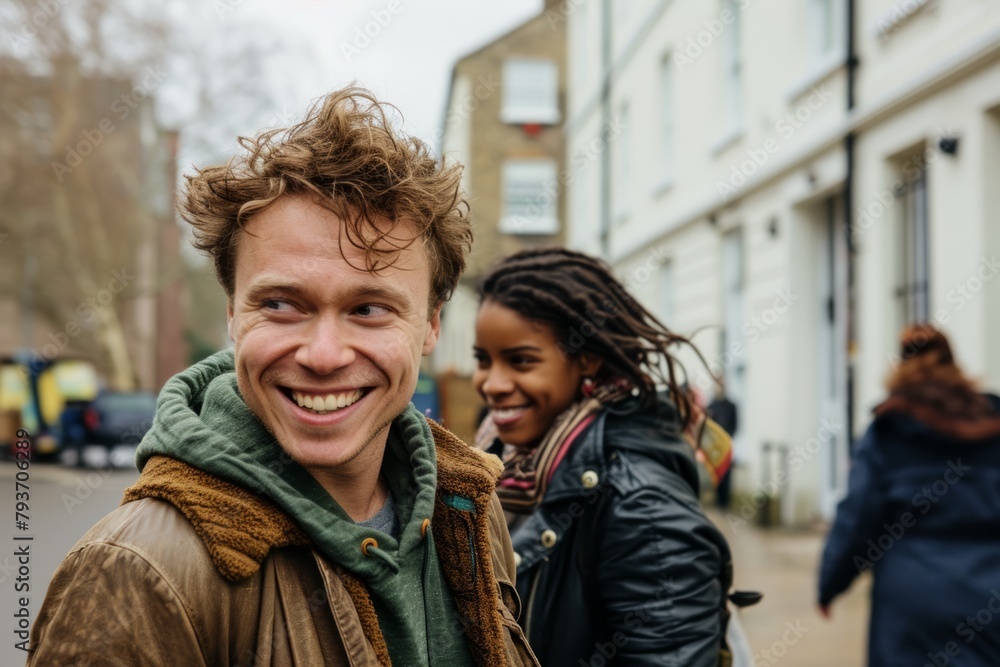 Portrait of a smiling man with dreadlocks on his head and a woman in the background