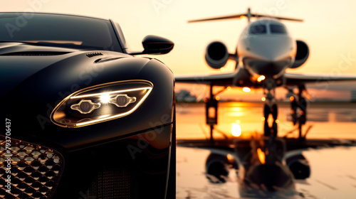 Luxury Car Front View with Private Jet at Sunset Backdrop © ciprian