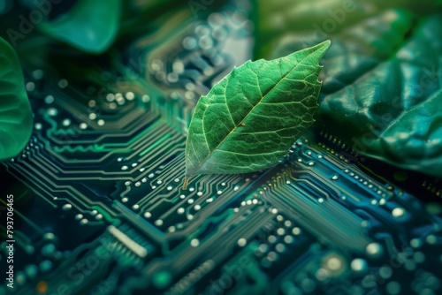 Ecofriendly technology concept with a green leaf growing on a circuit board