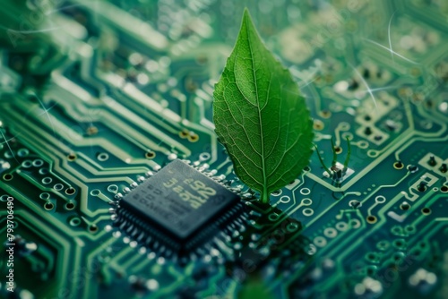 Ecofriendly technology concept with a green leaf growing on a circuit board