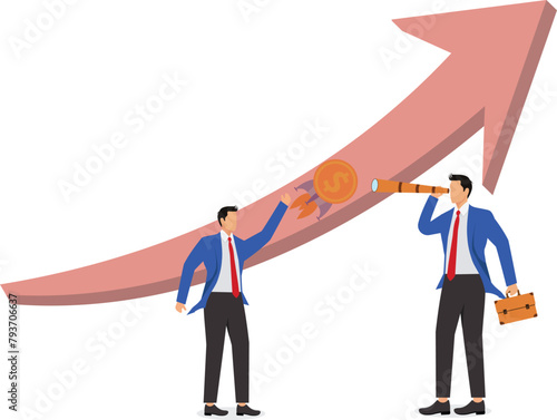 Businessman holding binoculars and pointing at rising arrow inside launching flying dollar, economic growth, exchange rate growth, income growth.