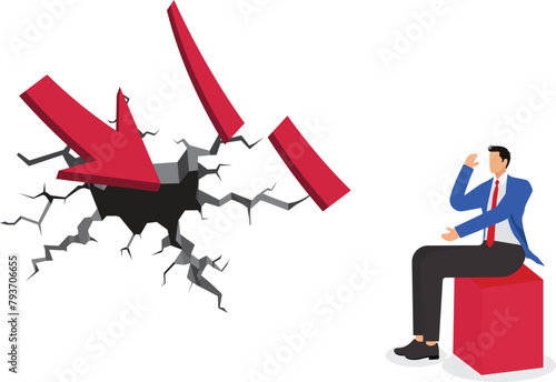 Broken arrow graph and downcast businessman, bankruptcy, economic crisis, loss of income