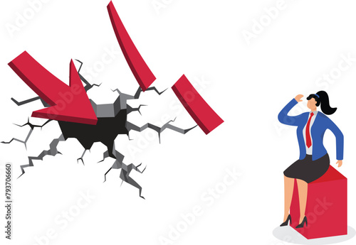Broken arrow graph and downcast businesswoman, bankruptcy, economic crisis, loss of income