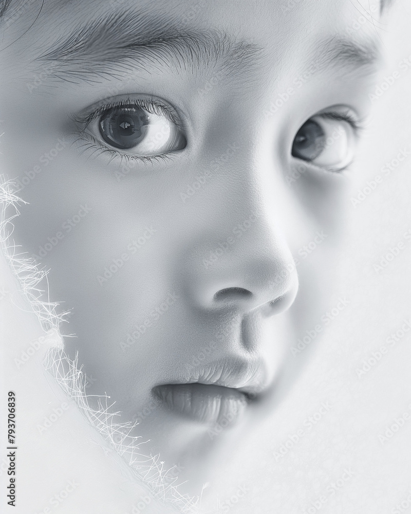 Obraz premium Artistic black and white photo of a child, close-up portrait featuring curious eyes, high-key lighting technique. Expressive gaze captured in a minimalist style, emphasizing innocence and wonder.