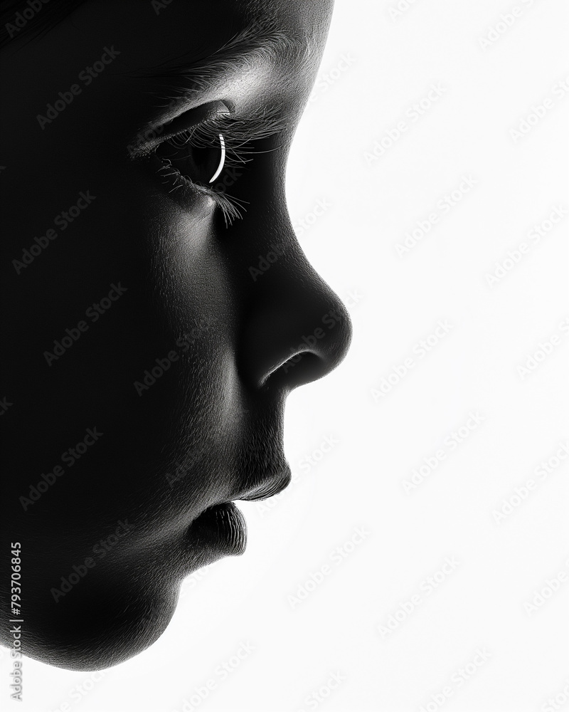 Artistic photo, extreme close-up profile portrait of a child dividing the space into black and white planes. Dramatic monochrome image, emphasizing simplicity and depth in child portraiture.