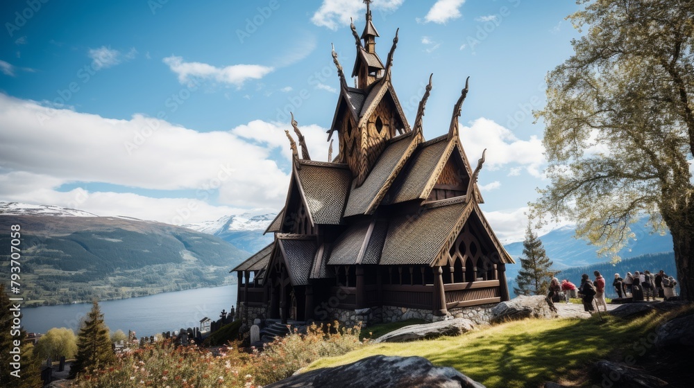 A stunning, grand wooden church perched atop a vibrant, rolling green hillside