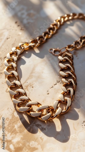 A luxurious golden cuban chain link necklace rests upon a background capturing the essence of wealth, style and elegance. Great as product design inspiration