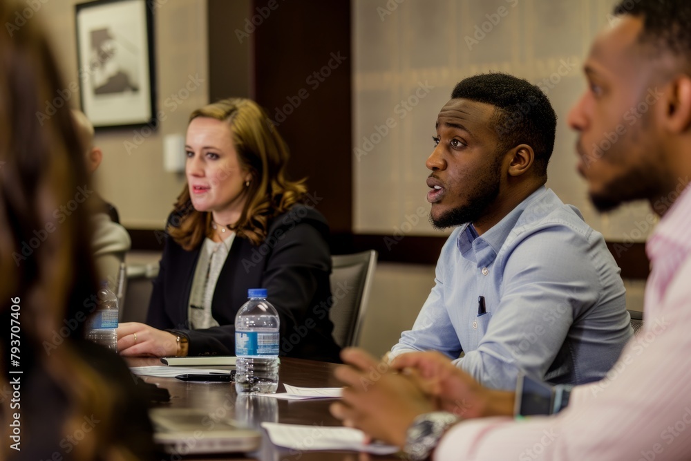 Professional Photography of a candidate participating in a case study interview, analyzing a business problem and presenting their solutions to the inte, Generative AI Professional Photography of a candidate participating in a case study interview, analyzing a business problem and presenting their solutions to the inte, Generative AI
