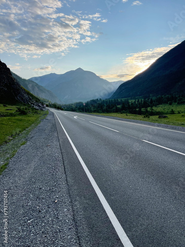 Asphalt road in the mountains. Russia, Siberia, Altai mountains.