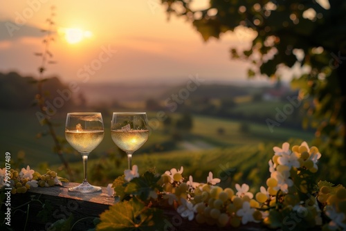 Enjoy a romantic sunset over a lush vineyard. Two glasses of sparkling white wine are poised against a backdrop of rolling hills and a vibrant sunset.