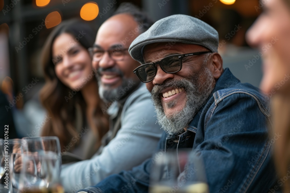 Portrait of a smiling senior man sitting in a pub with his friends