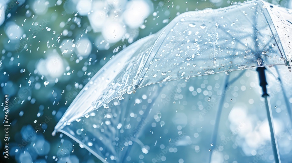 a clear umbrella with raindrops falling down, in a closeup shot