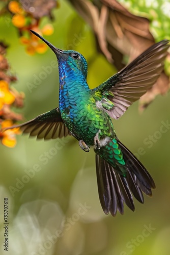 Colorful hummingbirds in flight, targeting and sipping nectar from vibrant flowers