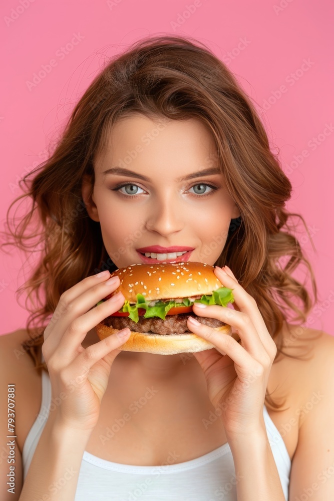 Woman savoring hamburger in portrait on pastel background with ample space for text placement