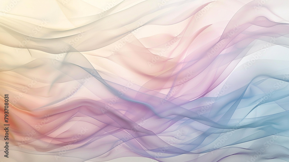 A minimalist canvas where translucent waves of soft, muted colors flow gently across the background, reminiscent of watercolor washes on wet paper, embodying tranquility and softness - obrazy, fototapety, plakaty 