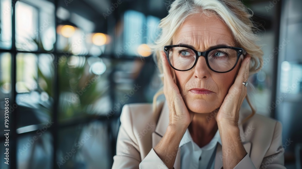 Mature businesswoman in a sleek office, looking exhausted, rubbing temples, showing stress, styled as high-contrastgraphy. Mature businesswoman in a sleek office, looking exhausted, rubbing temples, showing stress, styled as high-contrastgraphy.
