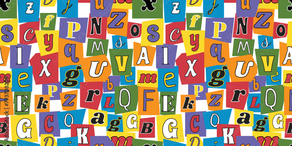 Vector seamless pattern of newspaper cut random letters. Magazine color torn paper collage alphabet background. Clipping font wallpaper, print, textile, fabric, wrapping. Vector seamless pattern of newspaper cut random letters. Magazine color torn paper collage alphabet background. Clipping font wallpaper, print, textile, fabric, wrapping.