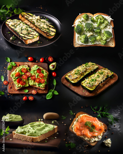 several sandwiches decorated as appetizer. Healthy food. black background