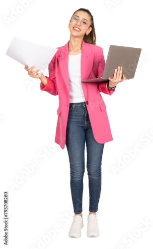 
Happy businesswoman, full body studio portrait of young caucasian brunette happy businesswoman holding paper documents and open laptop looking camera smiling. Isolated transparent png.