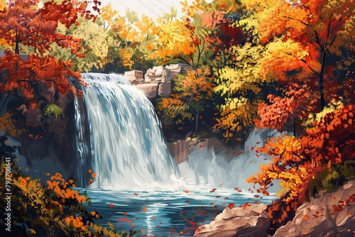 Cascading waterfall framed by vibrant autumn foliage